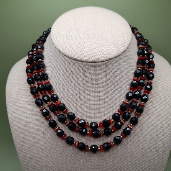 Vintage Western Germany Black Red Bead Necklace, 1950s, 15 Inch - Picture 2 of 13
